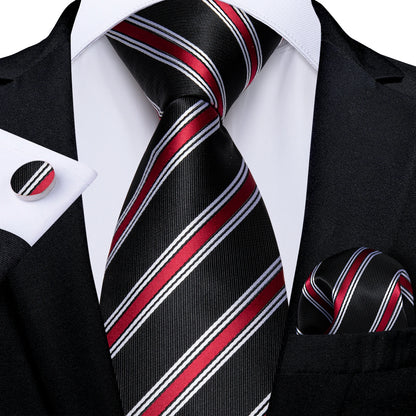 Men's Black Ties Handkerchief Cufflinks Business Formal Floral Striped Solid 8cm Necktie Gift for Husband Wedding Accessories