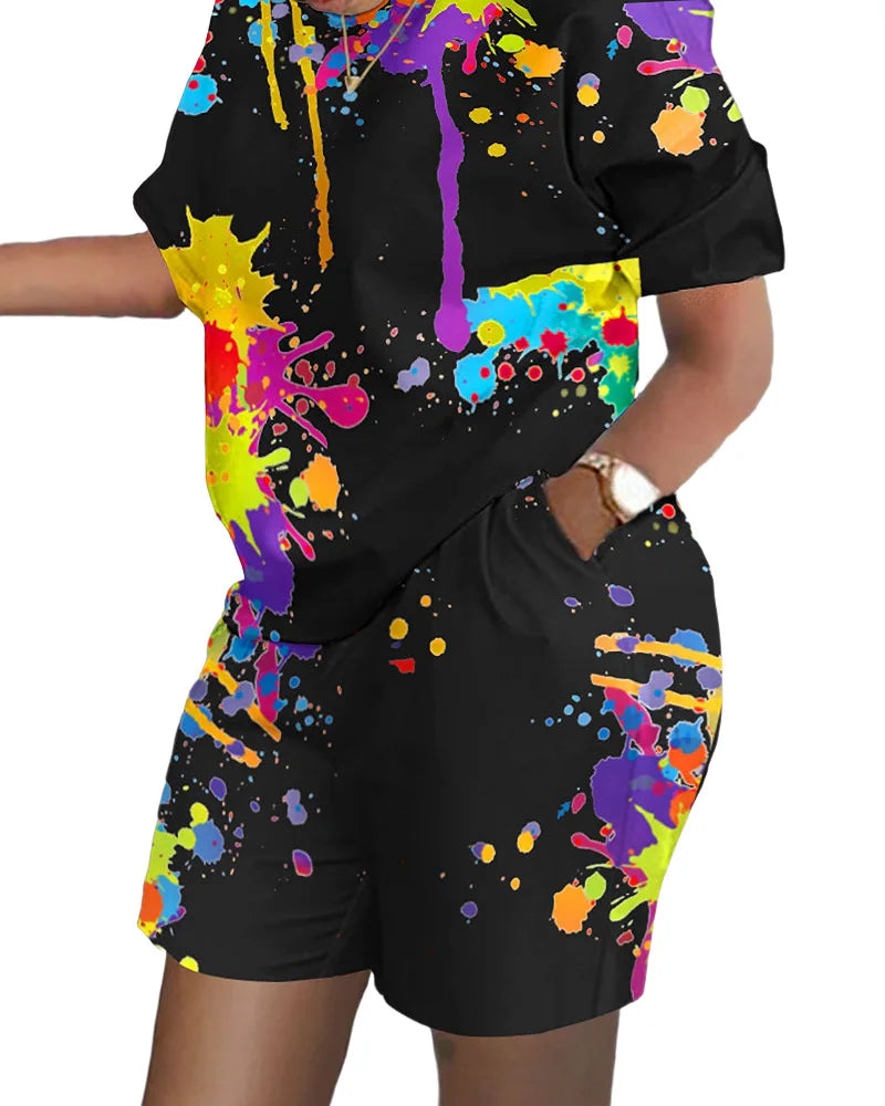 Casual Loose Short Sleeve Tshirt Shorts Set Office Lady Summer Fashion O-neck Colorful Print Two Piece Set Women Outfit 2023