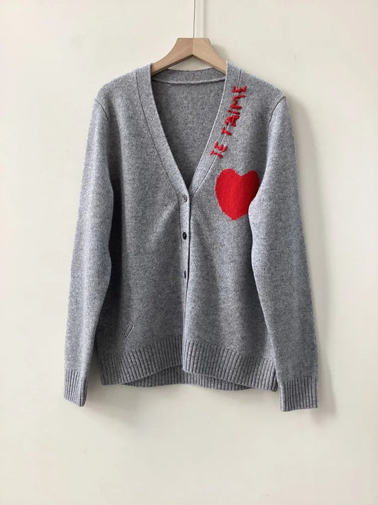 100% Cashmere Female Loose V-Neck Long Sleeve 3 Colors Cardigan Coat Women Heart Shaped Letter Embroidery Sweater Autumn 2023