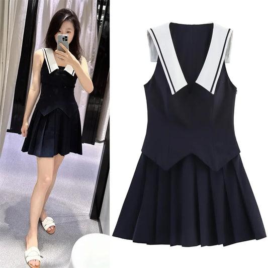 Women's Dresses New Summer 2025 Sailor Suit Style Wide Pleated Cropped Dress Fashionable Color-Blocking Sexy Cute Personality