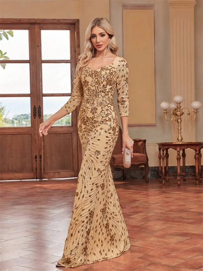 Luxury Champagne Evening Dress Women 2024 Long Mermaid Formal Sequins V-neck Prom Elegant Wedding Party Cocktail Gown