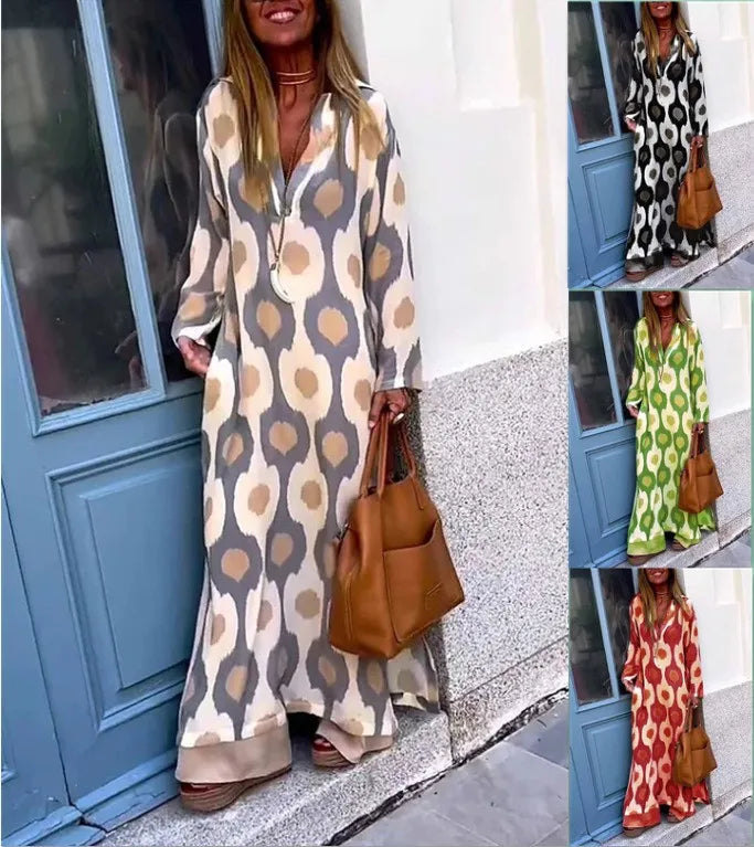 Spring Autumn Casual V Neck Long Sleeve Dress Women Fashion Geometric Printing Split Maxi Dresses Holiday Beach Boho Dress 2024