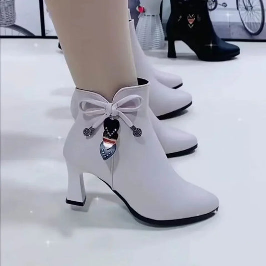 2024 high-heeled boots female spring and autumn single boots new women's shoes zip white waterproof Taiwan high-heeled shoes