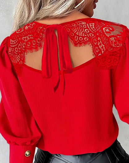 Female Clothing T-Shirts Pullover Tops Sexy Eyelash Lace Patch Tied Detail Top 2023 Autumn Winter Spring New Fashion Casual