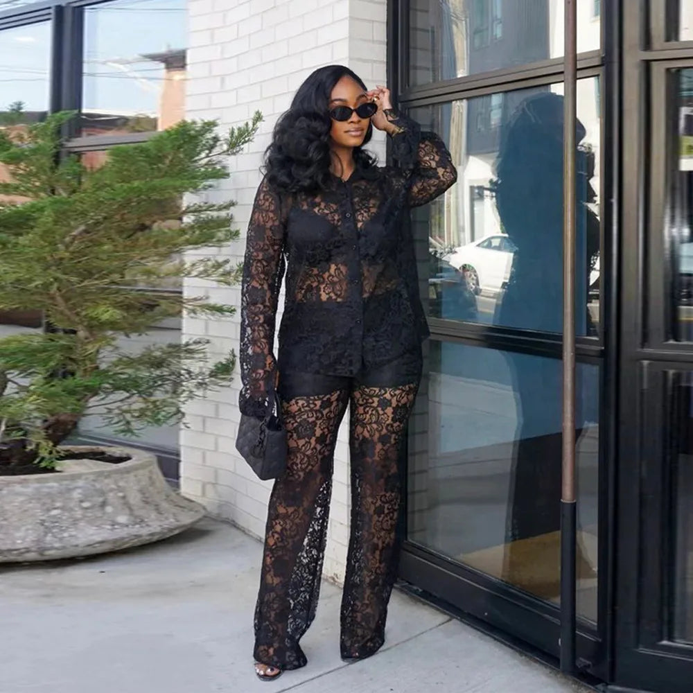 Perspective Lace Pants Set Summer 2024 New 2 Piece Set Chic Slim Elegant Office Women's Set Fashion Street Youth 2-piece Suit