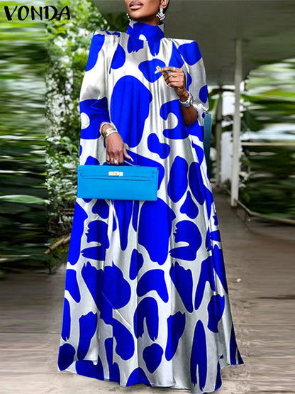 VONDA Women Elegant Printing Maxi Long Dress 2024 Casual Stand Collar Robes Bohemian Bat-wing Sleeve Party Vestidos Oversized