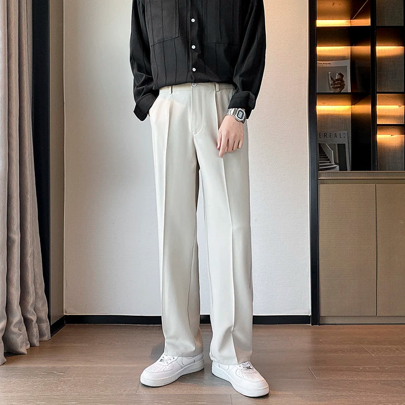 Spring Summer Men Suit Pants Wide Leg Long Drape Trousers Fashion Streetwear Clothing Solid Stretch Waist Oversize Pants Black