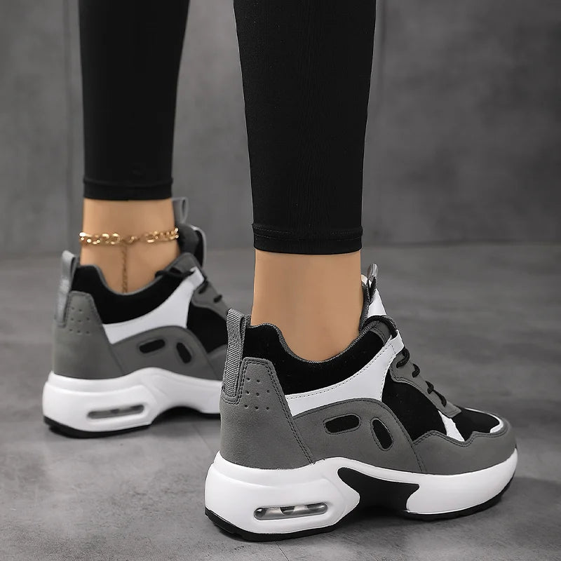 Women Air Cushion Sneakers Mix Color Height Increase Elevator Shoes Outdoor Wedge Platform High Heels Lace-up Walking Shoes