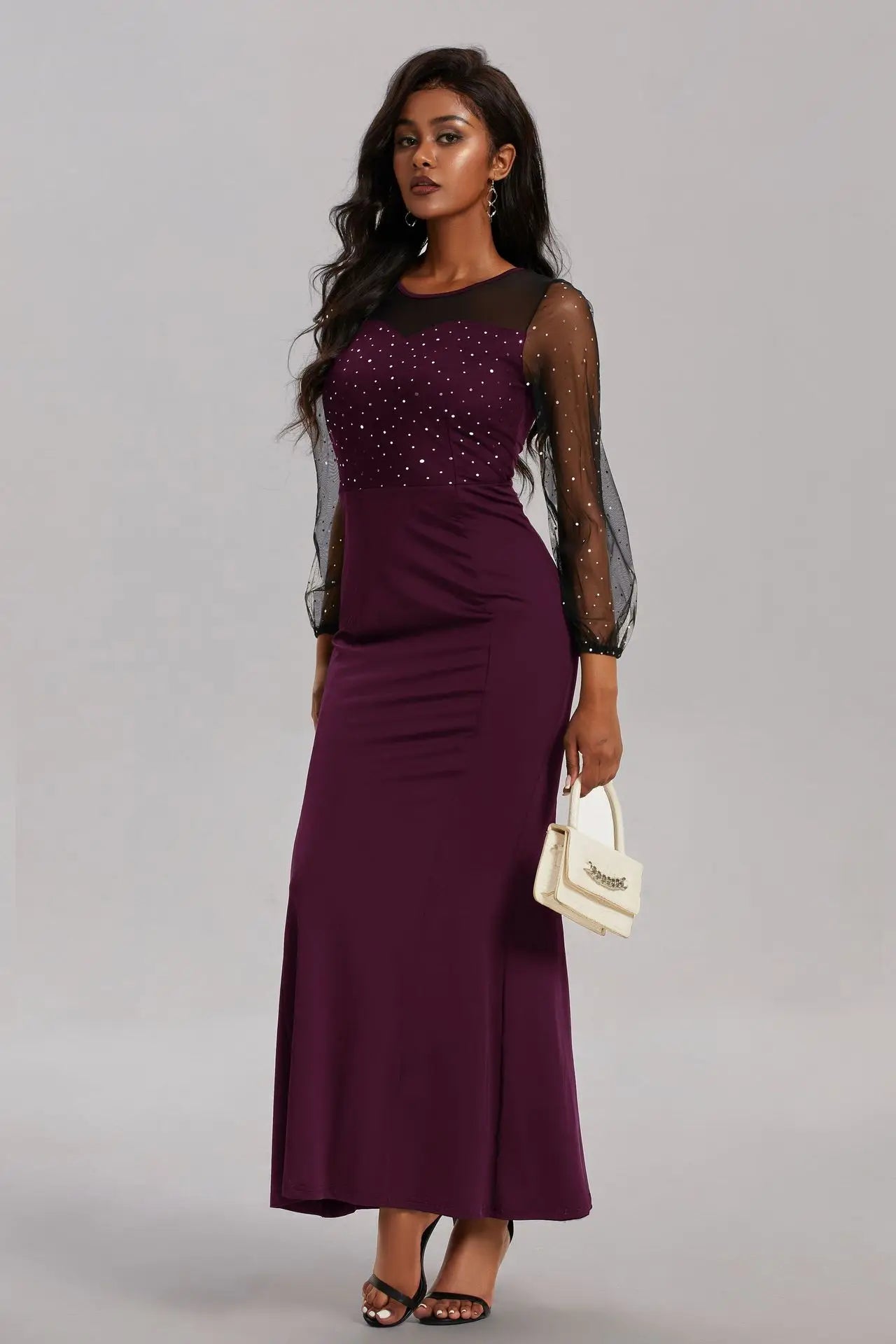 Mesh Patchwork Dress Womens Fashion Round Neck Long Sleeve Slim Elegant Dress Women