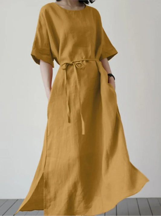 Spring Summer Women's Long Dresses Fashionable Split Hem Skirts Short Sleeves Casual Waistbands Cotton Linen Dresses For Women