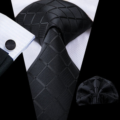 Barry.Wang Black White Gray Silver Silk Men Tie Handkerchief Cufflinks Set Jacquard Necktie for Male Wedding Business Party Gift