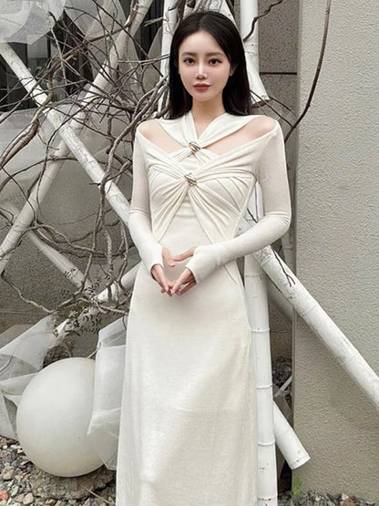 TWOTWINSTYLE Knitting White Dresses For Women V Neck Long Sleeve High Waist Hollow Out Slim Dress Female Summer 2023 Clothing