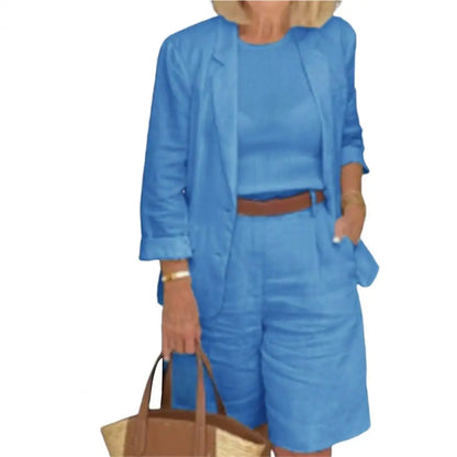 Cotton Linen Temperament Blazer Shorts Women's Blazer Suit 2 Piece Set Elastic Waist Thin Female Blazer Shorts Summer Outfit