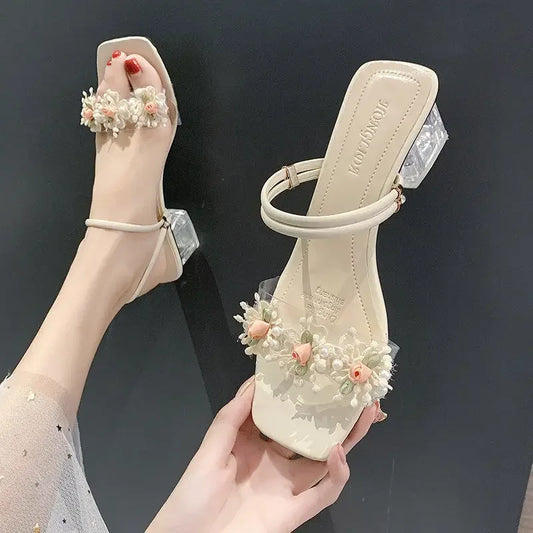 Roman Fresh Women's Sandals Summer 2024 New Style Two-wear High-heel Flip Flops Floral Thick Sole Clip-on Dress Shoes