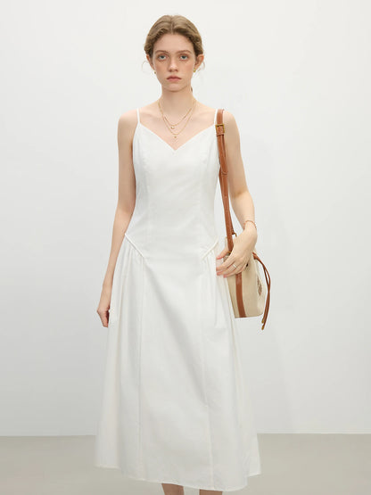 FSLE【4 Colors】Women Spring Strappy Dress 100% Cotton Temperament Simple A-LINE Dresses 2025 Spring White Dress 25FS11073