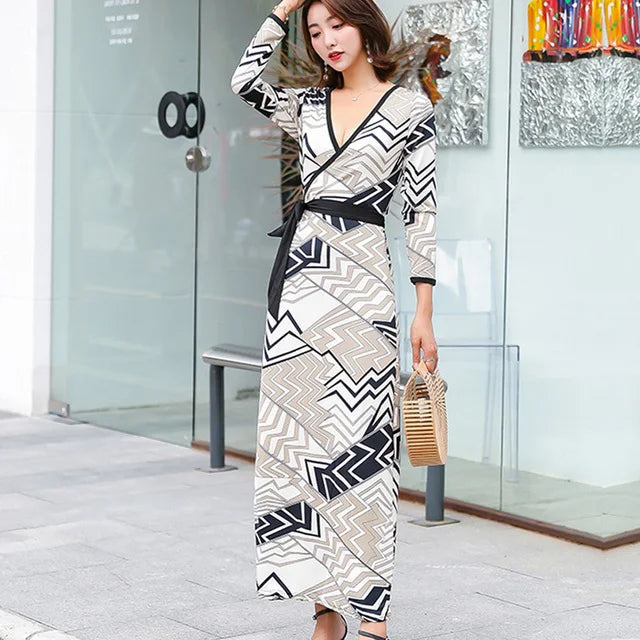 FANIECES Summer Wrap Dresses Women Sexy V Neck Split Maxi Dress Print Female Casual Beachwear Lace Up Party Vestidos Robe платье