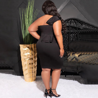 CM.YAYA Plus Size Women Ruffles Shoulder Sleeveless Bodycon Midi Dress 2023 Fashion INS Curve Sexy Party Club Dresses Vestidos