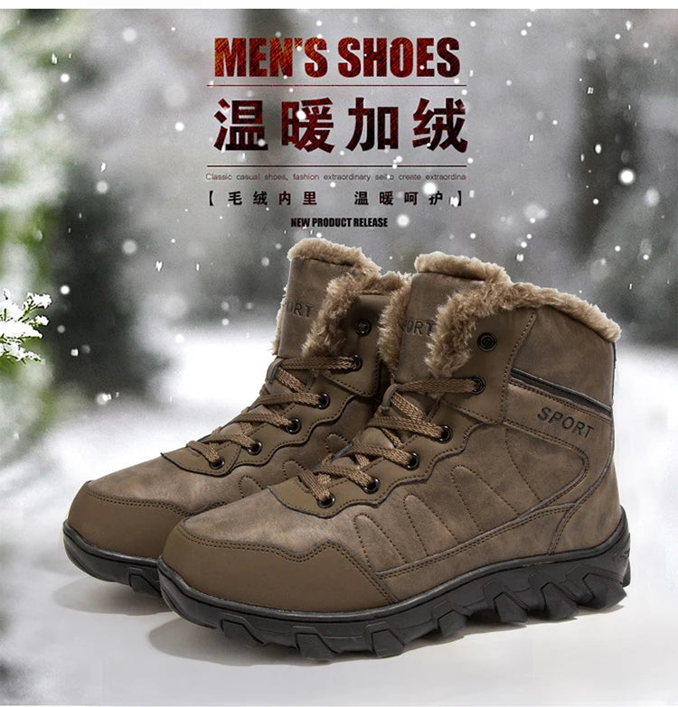 Men's Winter Snow Boots Leather Fabric Thickened Plush Shoes Extra Large Outdoor Mountaineering Anti Slip Training Shoes 39-48