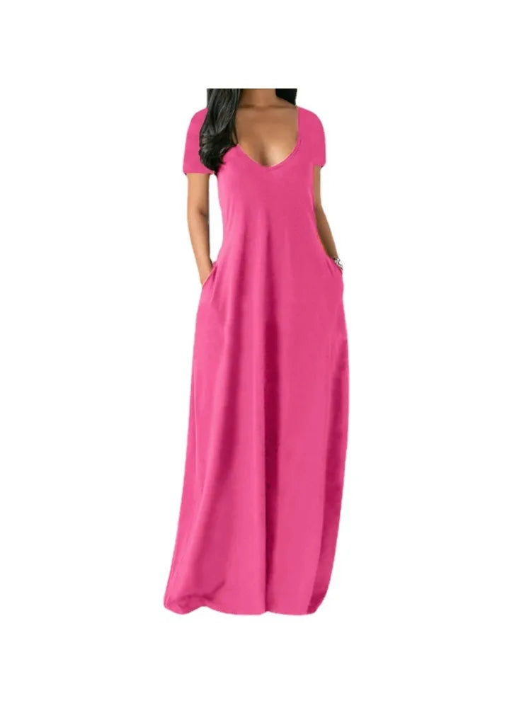 Women's S-5XL Plus  Size New Evening Dress Sexy Large Women's Solid Color Dress Sexy Deep V Short sleeved Long Skirt