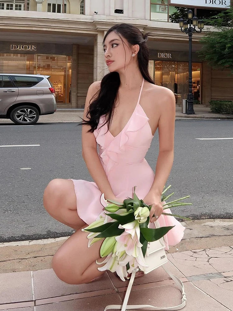 Nibber Halter Ruffles V-Neck Dress Women Backless Elegant Sexy Summer Fashion V-Neck Solid Birthday Party Clubwear Mini Bodycon