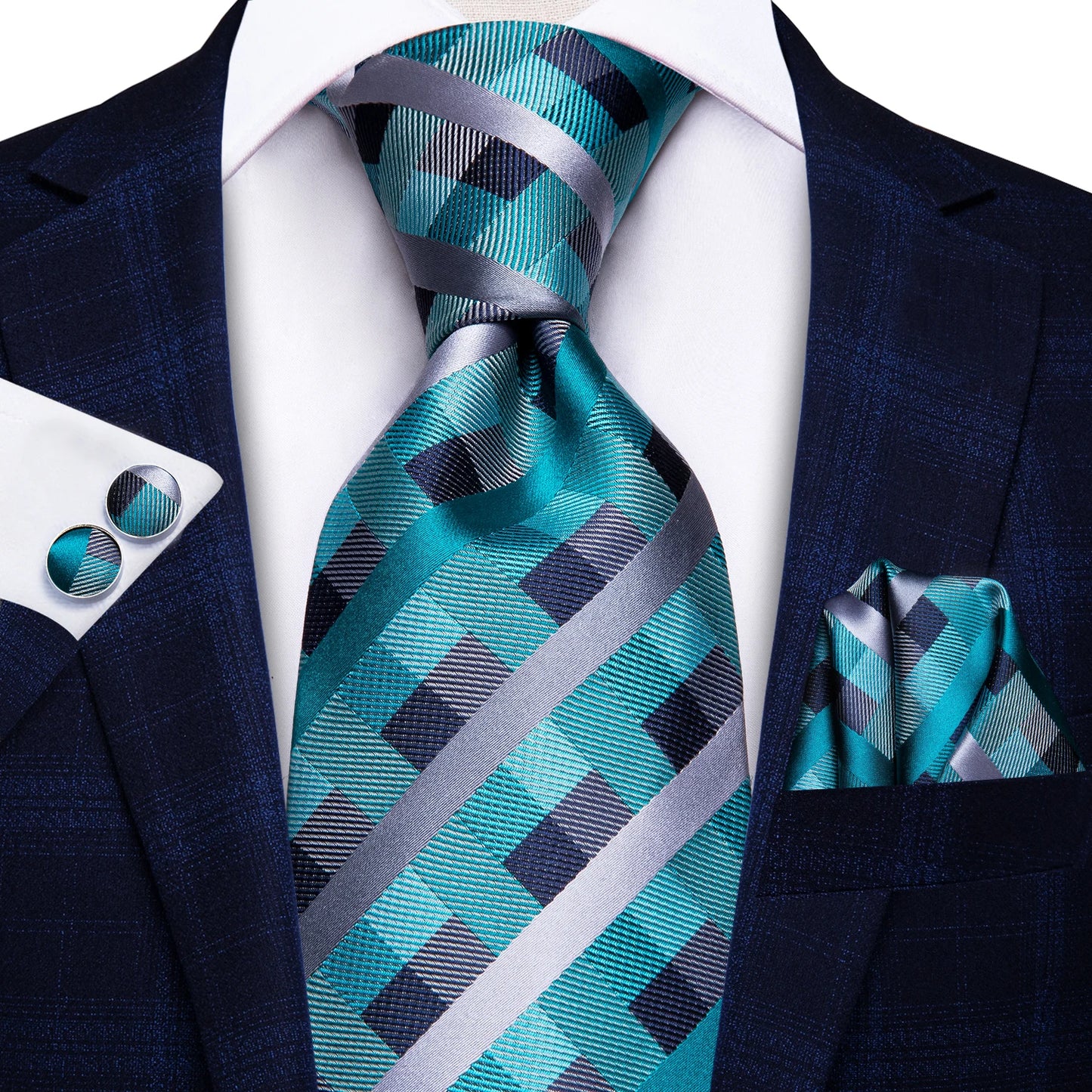 Hi-Tie Designer Silk Wedding Tie For Men Blue White Plaid Handky Cufflink Set Fashion Necktie For Men Business Party Wholesale