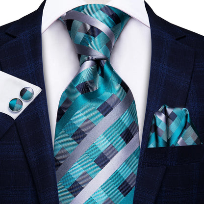 Hi-Tie Designer Silk Wedding Tie For Men Blue White Plaid Handky Cufflink Set Fashion Necktie For Men Business Party Wholesale