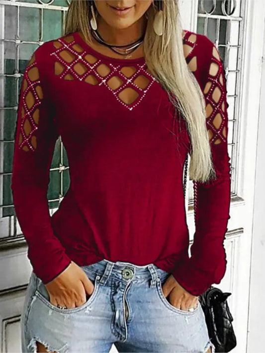 Autumn Winter New Women's Fashion Solid Color Hollow Diamond Splicing Long Sleeve T-shirt Casual Comfortable Top For Women