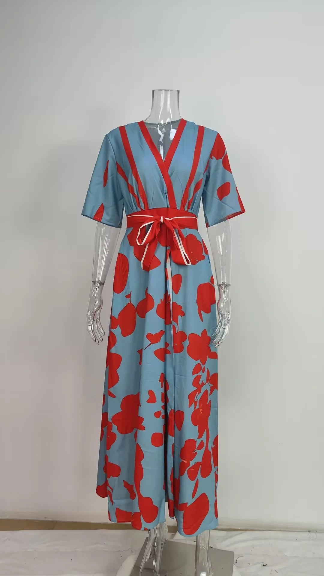 Spring Summer Women Fashion V Neck Belted Party Long Dress Sexy Printing  Boho Maxi Dresses Short Sleeve Pocket Femlae Holiday