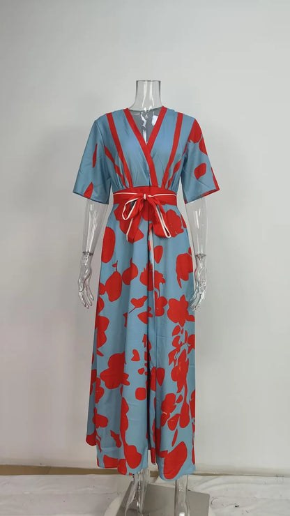 Spring Summer Women Fashion V Neck Belted Party Long Dress Sexy Printing  Boho Maxi Dresses Short Sleeve Pocket Femlae Holiday