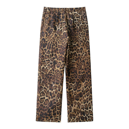 KONDALA Vintage Leopard Print Women Suits V Neck Sashes Long Sleeve Oversized Blazer+Wide Leg Pants Fashion 2025 Autumn Suits