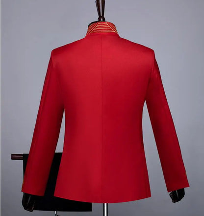New Men Standing Collar Embroidered Suit 2 Piece Fashion Male Business Social Wedding Prom Stage Performance Dress Blazer Pant