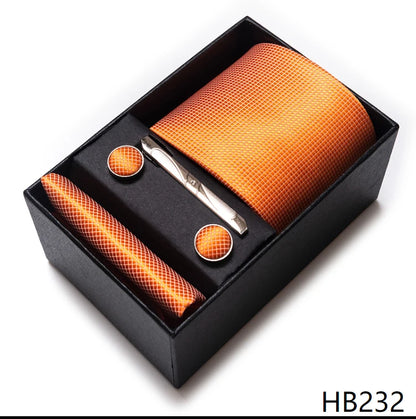Tie Handkerchief Cufflink Set For Men Necktie Holiday Gift Box Blue Gold Suit Accessories Slim Wedding Gravatas