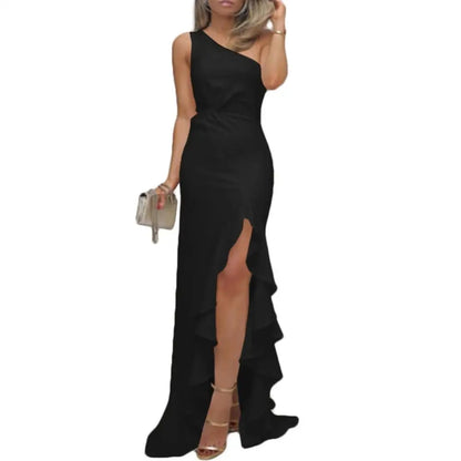Women Sexy One Shoulder Ruffle Large Swing Slit Evening Party Dress Slim Maxi Dress Bodycon Dress Clubwear Womens dresses