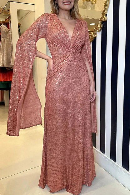 Autumn Winter Luxurious Sexy Sequins Cocktail Party Dress Prom Gown Cloak Sleeve V Neck Folds Corset Evening Floor Length Dress