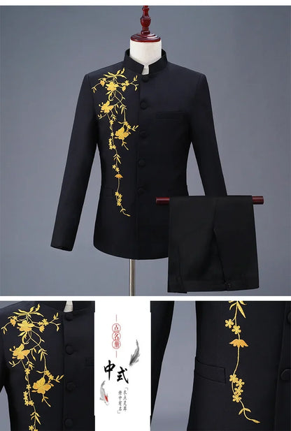New Men Stand Collar Embroidery Suit 2 Piece Black / White / Red Fashion Male Stage Party Perform Blazer and Trousers