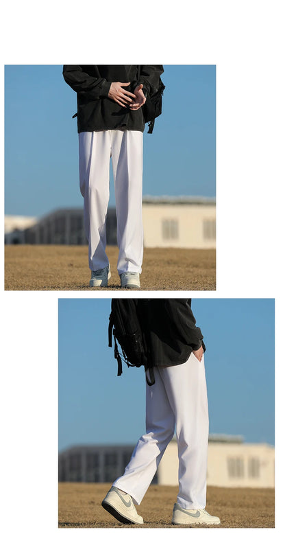 Spring Summer Men Suit Pants Wide Leg Long Drape Trousers Fashion Streetwear Clothing Solid Stretch Waist Oversize Pants Black