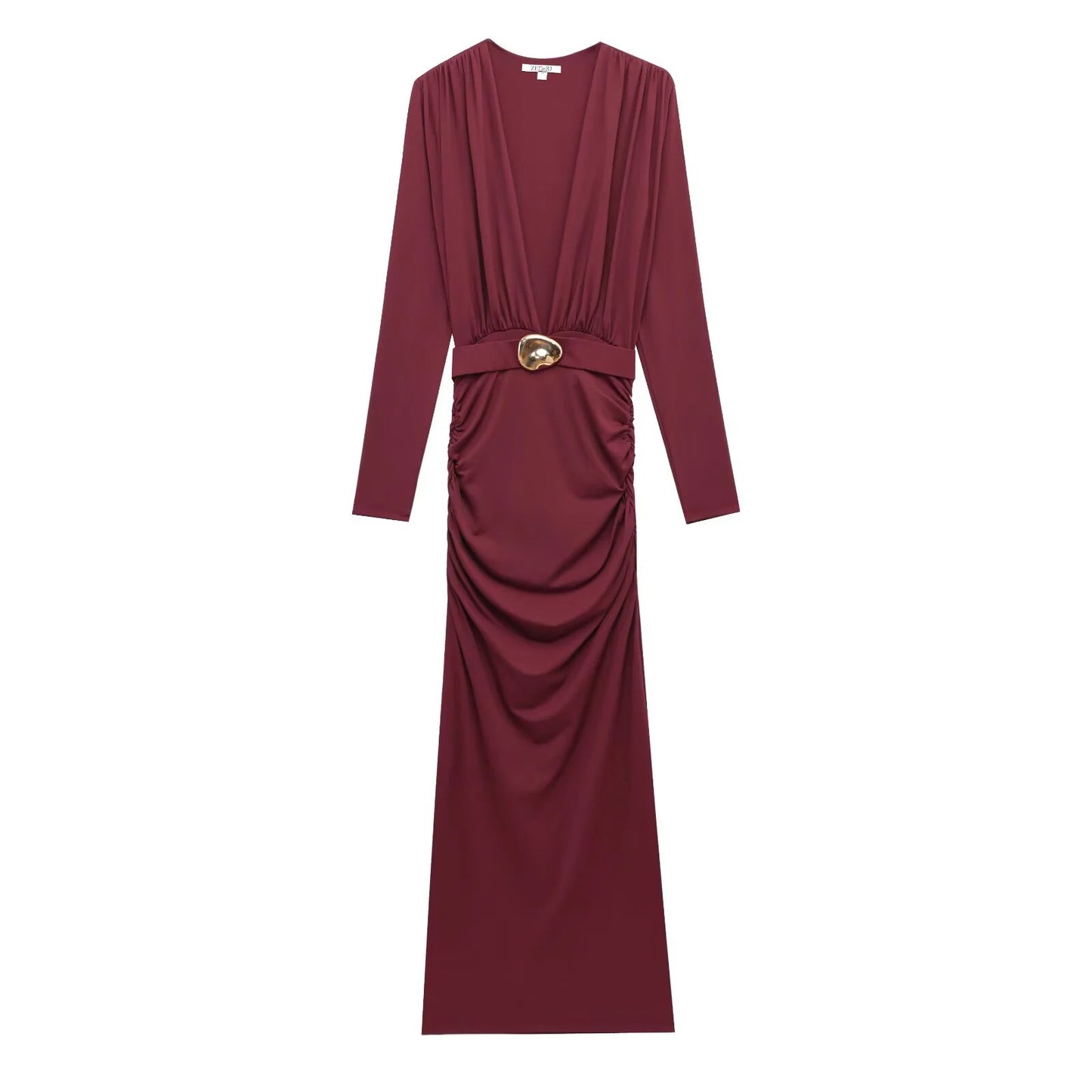 Spring Women's French Evening Dress With Pleated Embellished Waistband Long Sleeved V-neck And Elegant Dress
