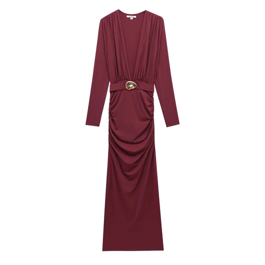 Spring Women's French Evening Dress With Pleated Embellished Waistband Long Sleeved V-neck And Elegant Dress
