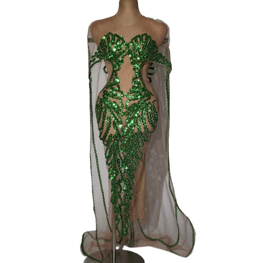 Sparkly Green Sequins Cloak Sexy Mesh Transparent Celebrate Evening Prom Birthday Long Dress Photo Shoot Singer Show Stage Wear