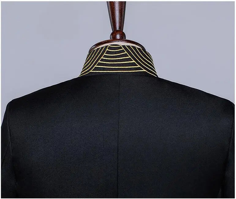 New Men Standing Collar Embroidered Suit 2 Piece Fashion Male Business Social Wedding Prom Stage Performance Dress Blazer Pant