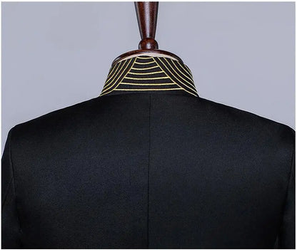 New Men Standing Collar Embroidered Suit 2 Piece Fashion Male Business Social Wedding Prom Stage Performance Dress Blazer Pant