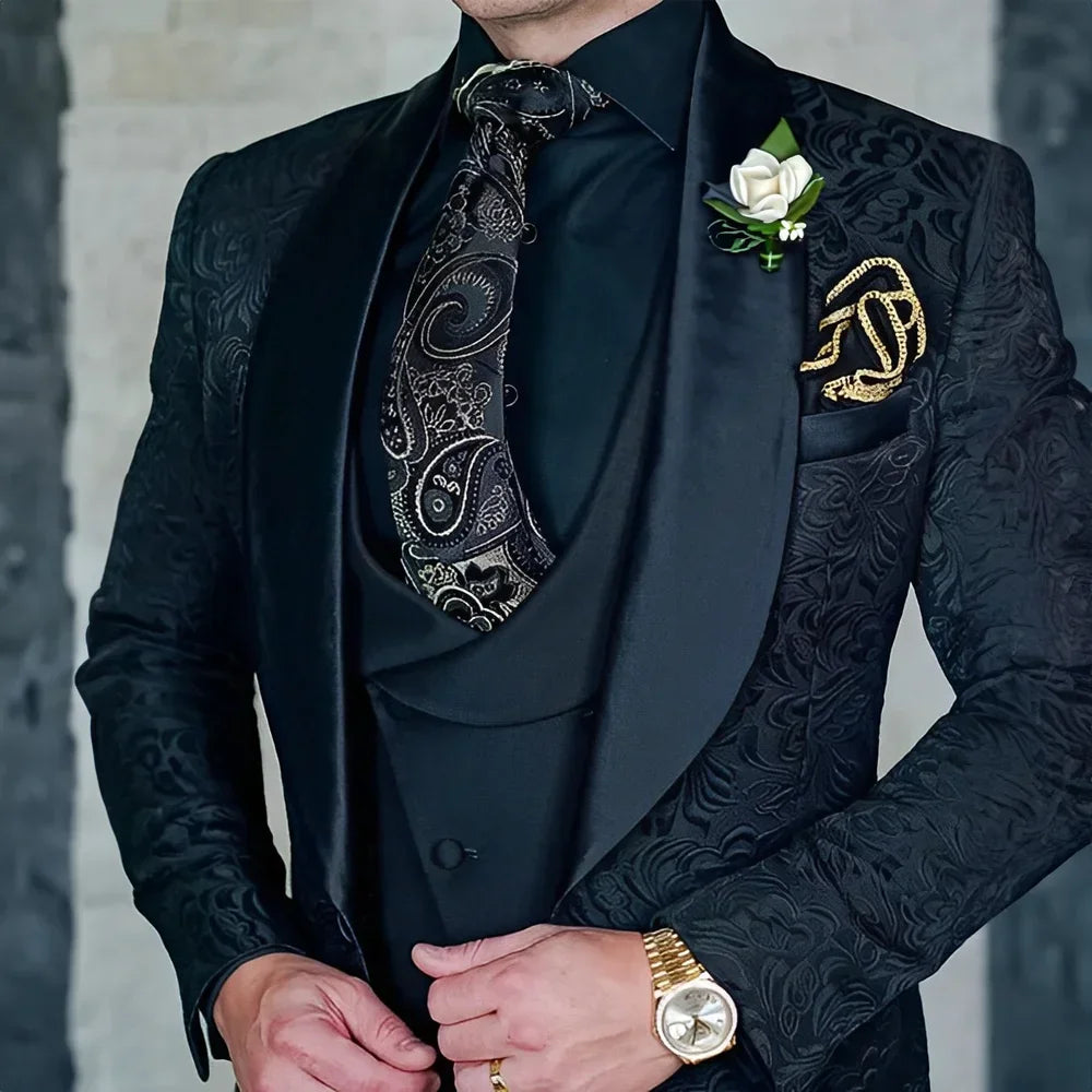 Jacquard Men's 3-piece Suit Set Formal Party Dress Groom Tuxedo High Quality Elegant Men Terno Masculino  Costume Homme Mariage