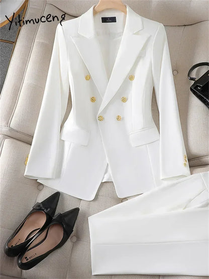 Yitimuceng Elegant Office Ladies Two Piece Sets Womens Outifits 2023 Double Breasted Long Sleeve Blazers Loose Casual Pant Suits