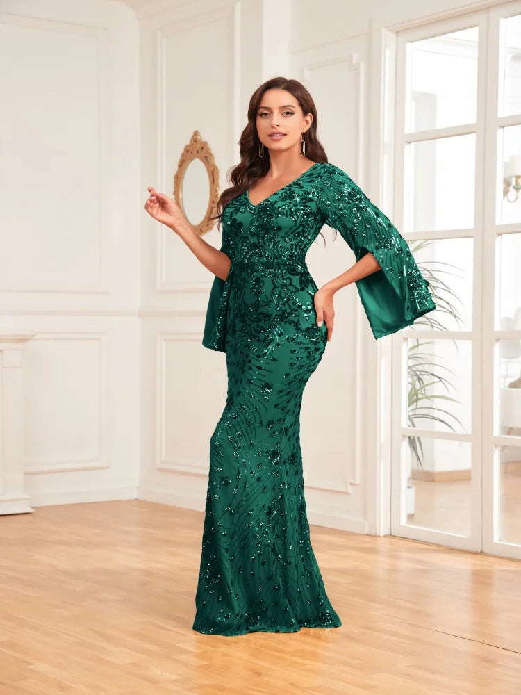 Lucyinlove Luxury Champagne Evening Dresses For Women 2025 Long Sleeve Mermaid Formal Sequins V-neck Prom Wedding Party Gowns