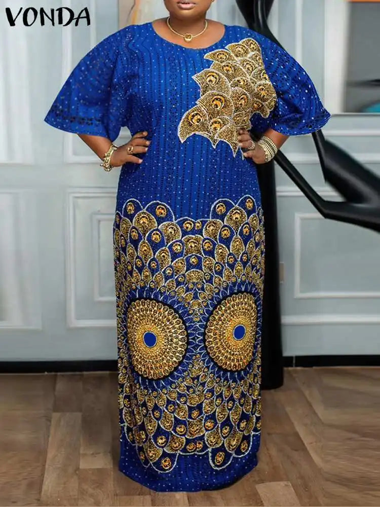 VONDA Women Evening Dresses 2024 Bohemian Round Neck Flare Sleeve Vintage Style Maxi Dress Party African Ethnic Long Vestidos