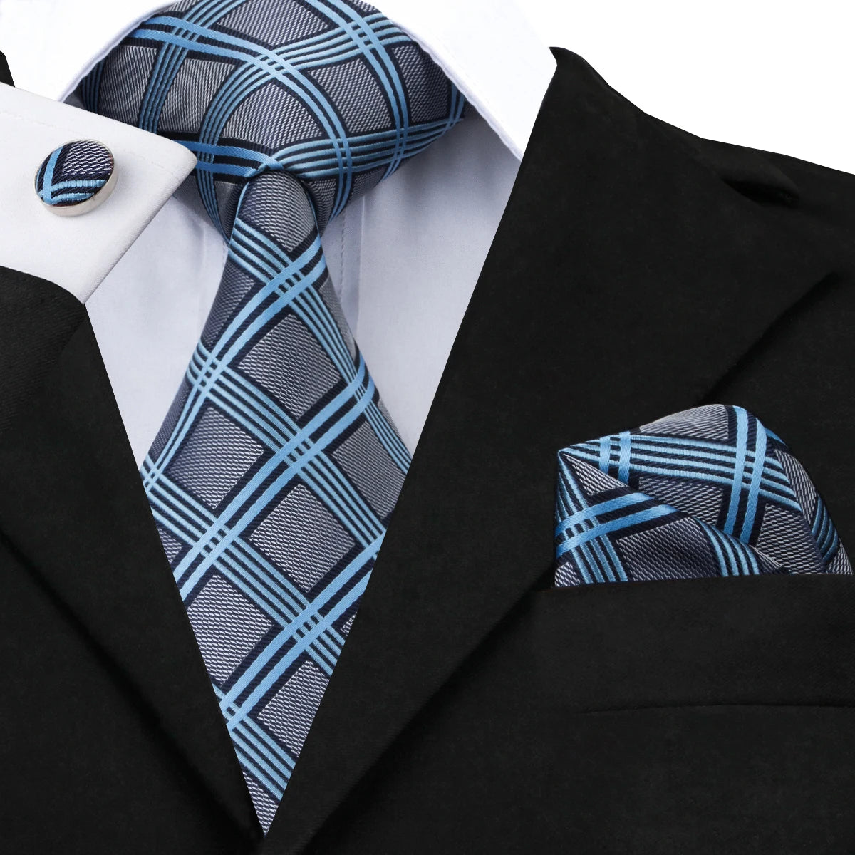 Hi-Tie Light Blue Solid Silk Wedding Nicktie For Men Hanky Cufflink Gift Men Tie Set Business Party Dropshipping Novelty Design