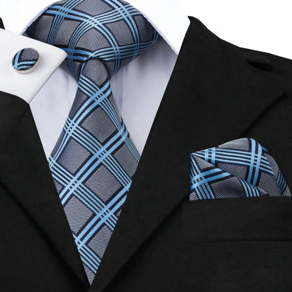 Hi-Tie Light Blue Solid Silk Wedding Nicktie For Men Hanky Cufflink Gift Men Tie Set Business Party Dropshipping Novelty Design