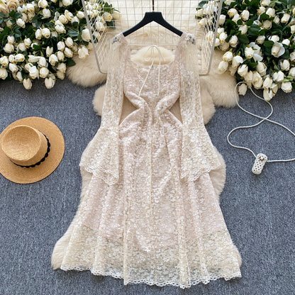 Spring France Elegant Vintage High End Evening Dress Women 3D Flower Lace Hollow Out Party Dress Female Casual Chic Clothing New