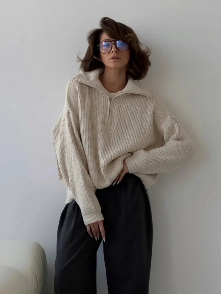 Zipper Knitted Sweaters for Women Autumn Winter New Thicken Warm Jumpers Casual Simple Solid Color Women's Oversized Pullovers