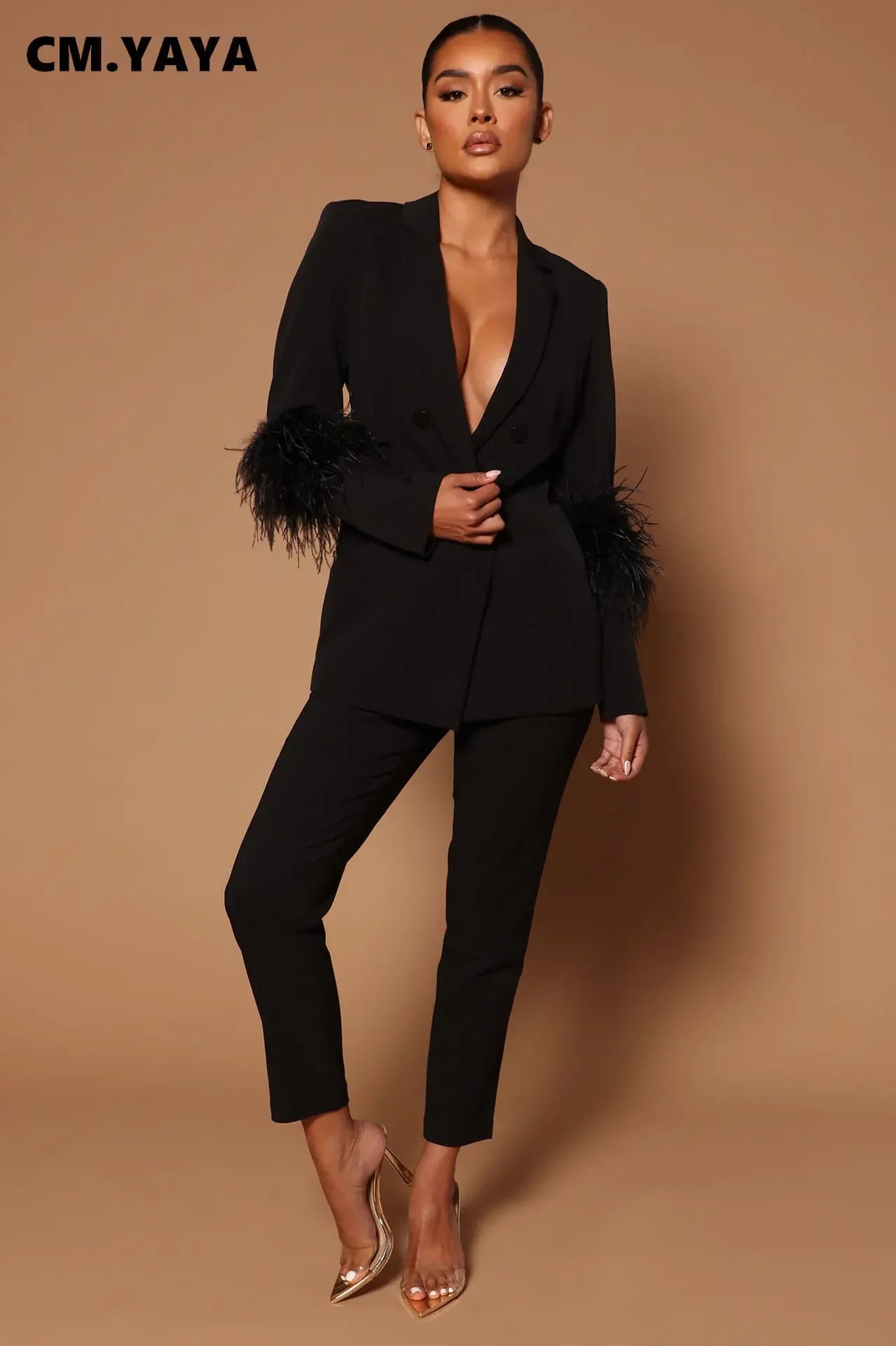 CM.YAYA Vintage Women Fur Hem Long Sleeve Blazer Suit and Pants 2023 Chic OL Fashion Two 2 Piece Set Outfits Basic Tracksuit